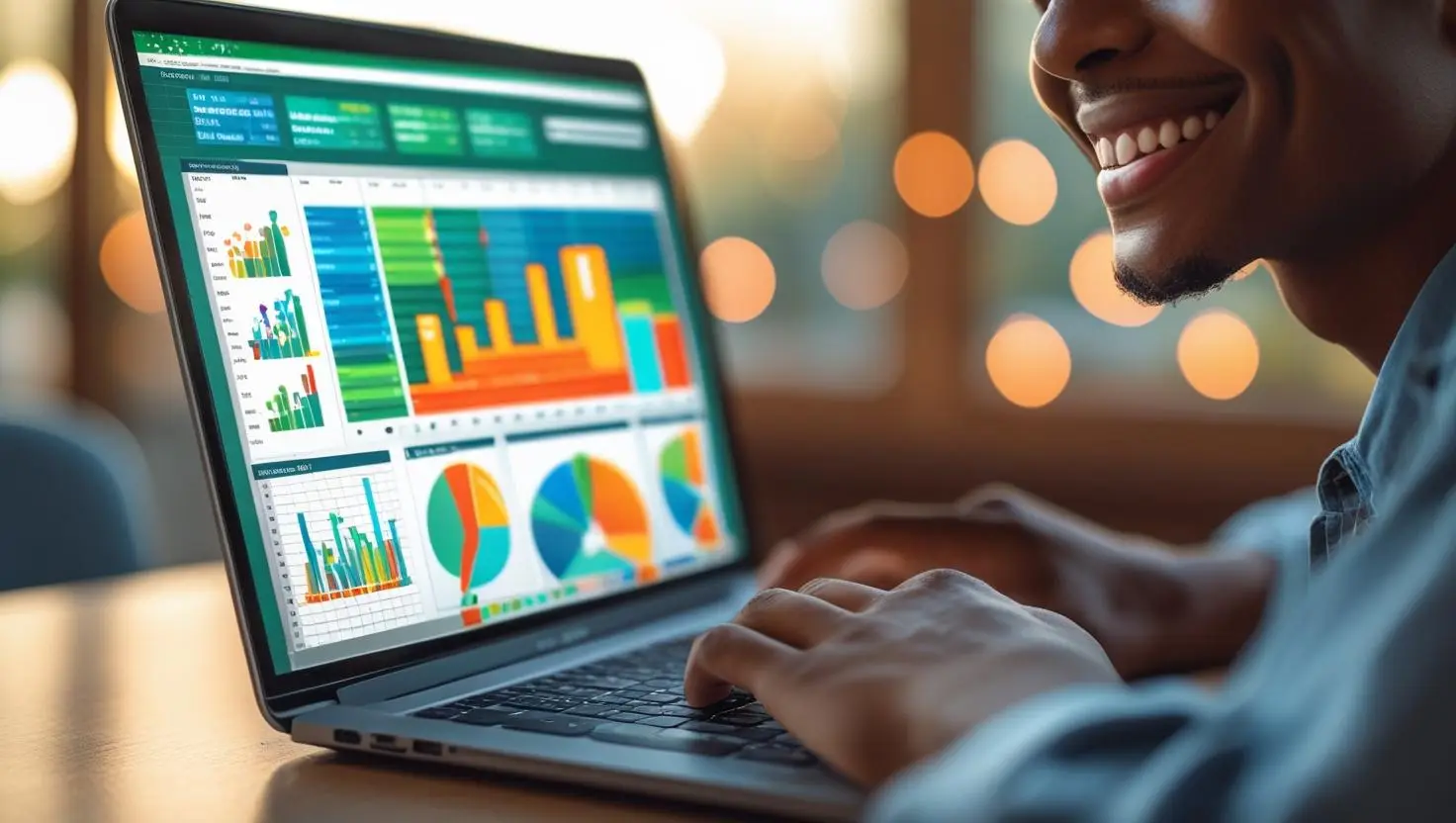 صورة لشاشة لابتوب عليها جدول إكسل ملون وجذاب، مع شخص يبتسم وهو يشتغل عليه.